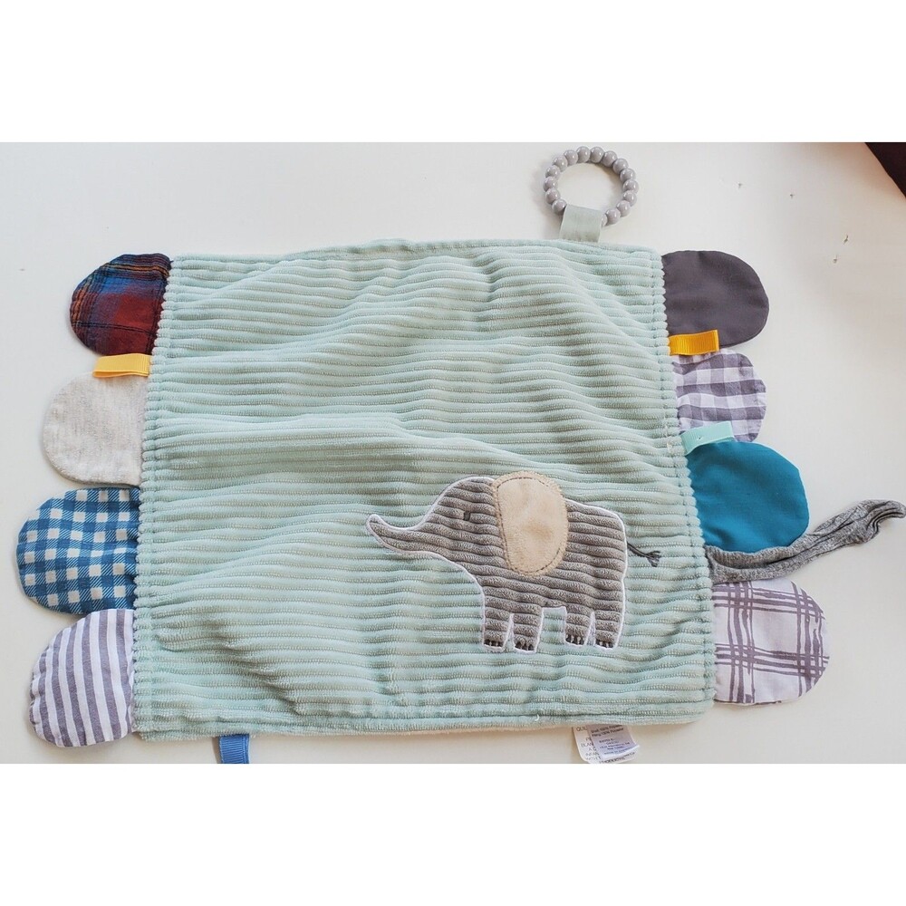 Modern Baby Blue Elephant Security Blanket Teether Crinkle Lovey Sensory Tags